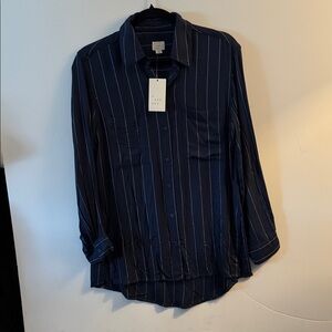 A NEW DAY NWT SZ XS BLUE PIN STRIPED BLOUSE HIGH LOW HEM preppy business casual
